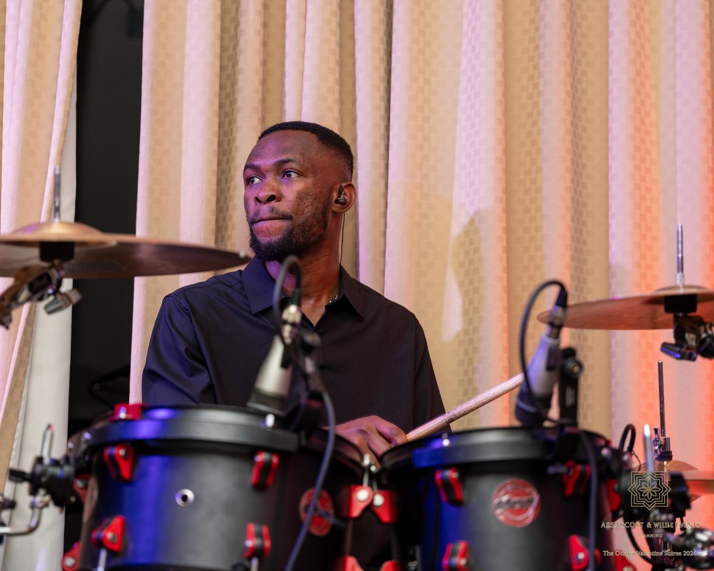 The band's drummer at his kit